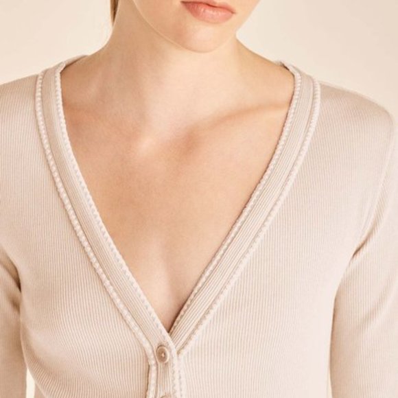 REBECCA TAYLOR Ribbed Pima Cotton Cardigan V-Neck in Oat Size Medium New - Picture 5 of 10